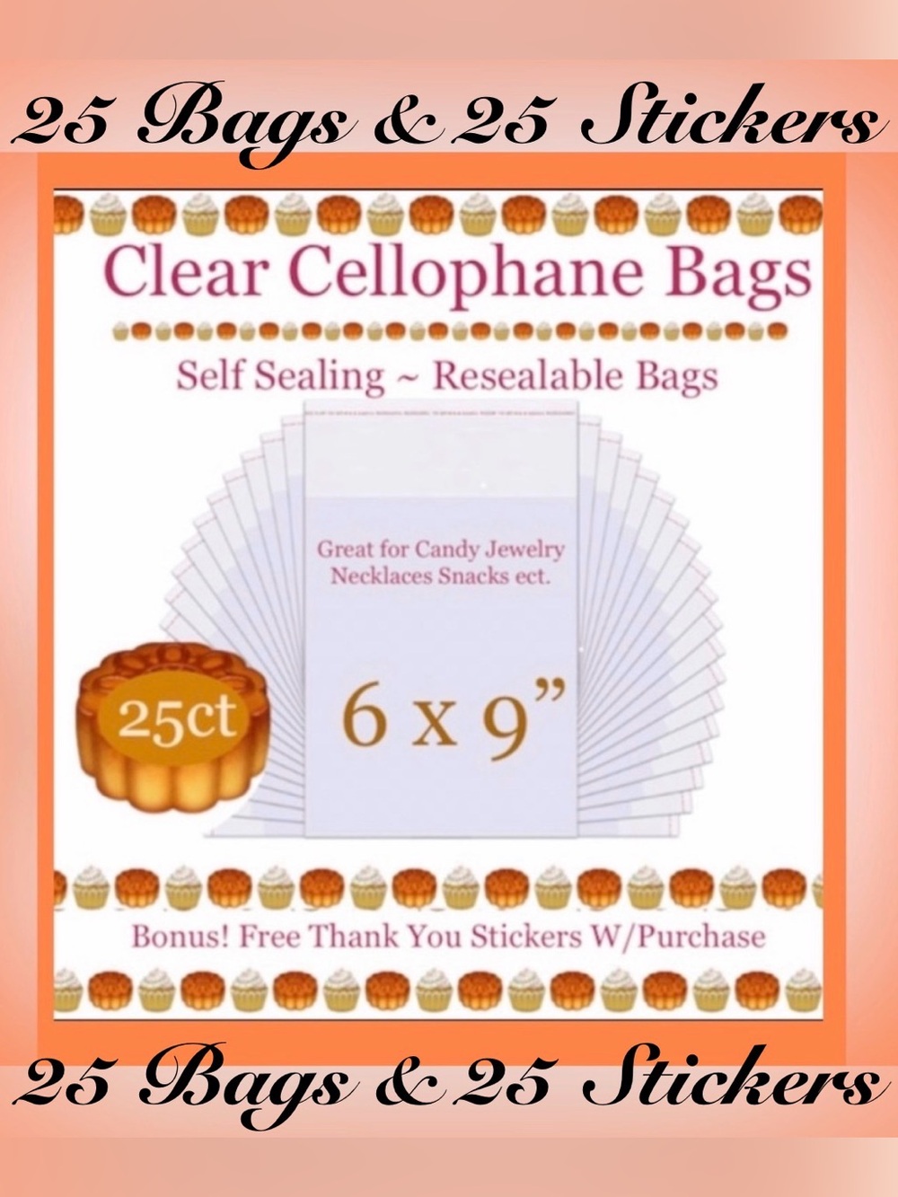 25ct~6’x9’ Crystal Clear Cello Bags w/25ct Free Thank You Stickers 🍃🆕🍃
